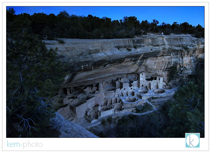 mesa verde national park, cliff palace, a 4 second exposure after sunset (f/6.7 and iso 800) was needed for this panoramic perspective using the nikon 12-24 mm f/4 lens by kern photo