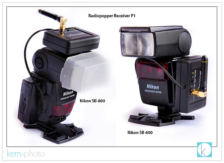 featured here are the radiopopper p1 receivers mounted with the supplied industrial strength velcro. due to limited real estate on the flash body, i chose to mount the receiver on top of the nikon sb-800 and on the side of the sb-600 flash. 