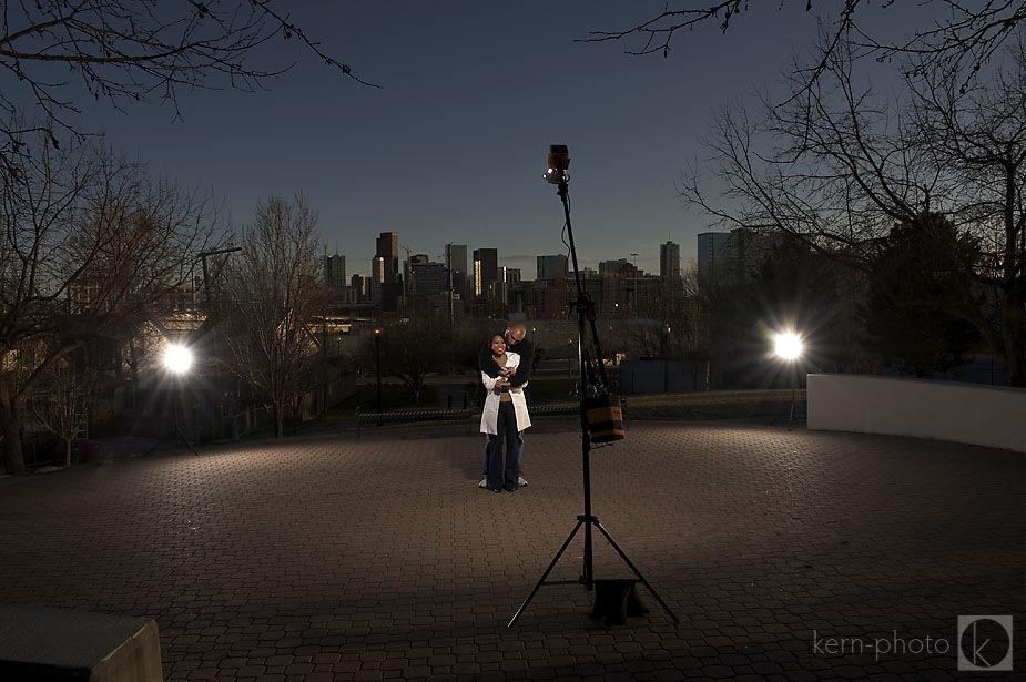 June & Mark's engagement photography with Denver background