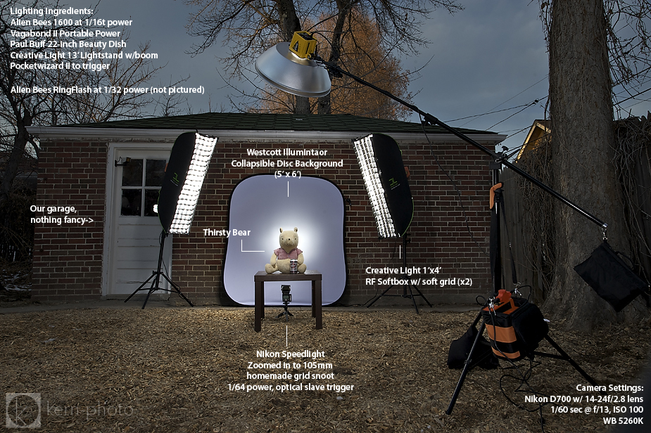 on-axis fill with ring flash and creative light 1x4 soft boxes with grid and 22" beauty dish